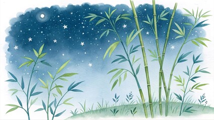 Watercolor bamboo forest under starry night sky with full moon. Peaceful nature landscape illustration with green plants and dreamy atmosphere. Asian inspired artwork.