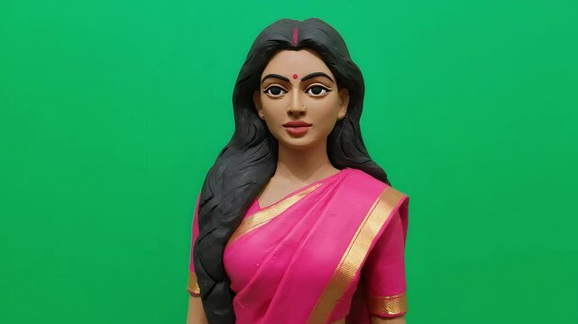 3D clay model figure character Indian beautiful woman in pink sari on green screen background