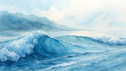 Watercolor seascape painting with ocean waves crashing on sandy beach, mountain coastline, cloudy sky, and distant ship. Peaceful coastal nature artwork in blue tones.