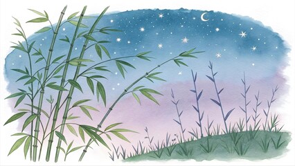 Watercolor bamboo forest under starry night sky with full moon. Peaceful nature landscape illustration with green plants and dreamy atmosphere. Asian inspired artwork.