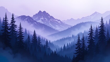 Obraz premium Misty mountain range with coniferous forest silhouettes.