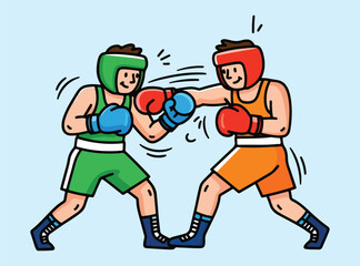 A dynamic vector illustration depicting two athletes in a Muay Thai or kickboxing match