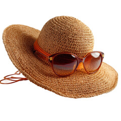 Summer accessory display stylish straw hat and sunglasses outdoor fashion bright colors cut out png