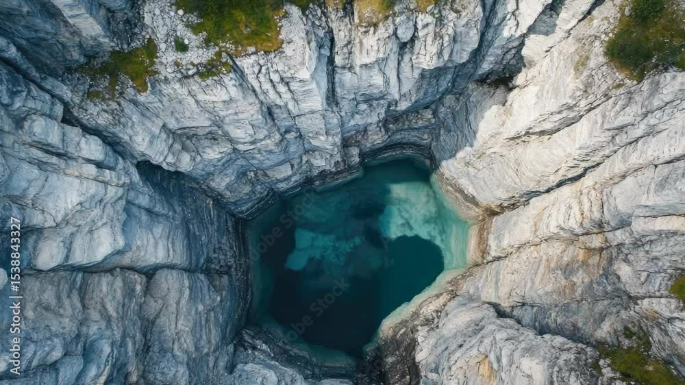 Poster a bird's eye view of a hidden cave surrounded by ocean waters, perfect for use in travel or adventur