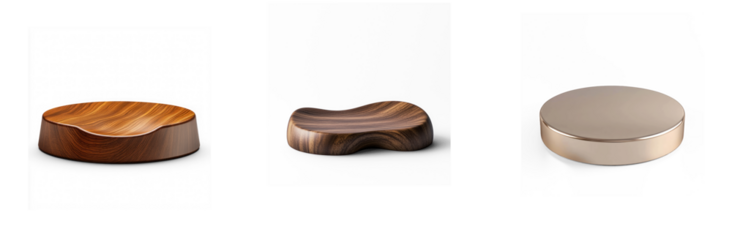 Collection of wooden podium with a smooth walnut finish and elegant curvature, set in a dimly lit space, waiting for the perfect item. isolate on transparent background