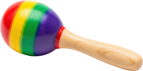 Rainbow colored maracas with wooden handle isolated on colorful musical instrument