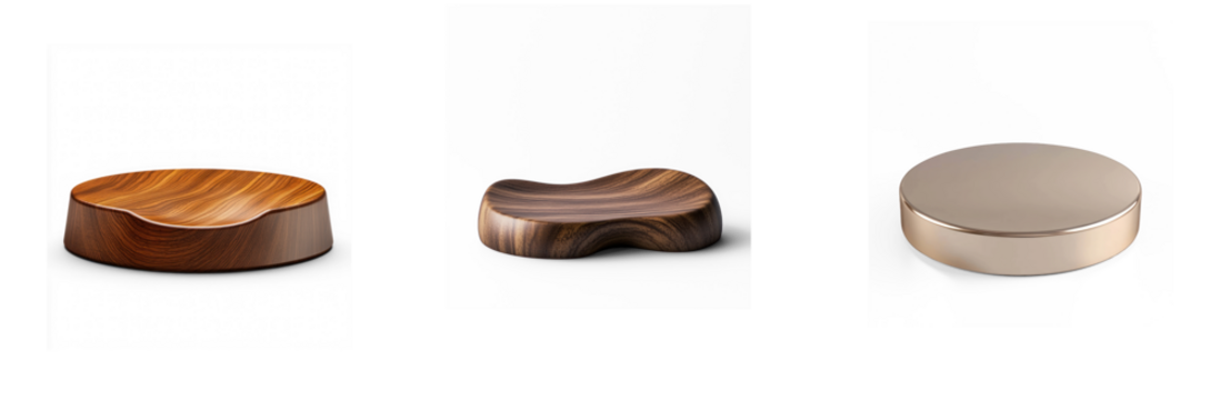 Collection of wooden podium with a smooth walnut finish and elegant curvature, set in a dimly lit space, waiting for the perfect item. isolate on transparent background