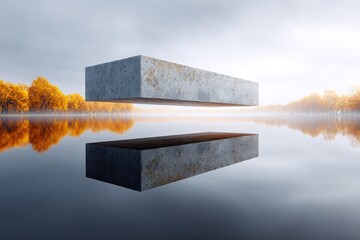 Floating concrete blocks over a calm lake with autumnal trees.