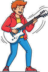 A cartoon illustration of a happy person with orange hair wearing a red hoodie and blue jeans playing a white acoustic guitar with motion lines indicating strumming