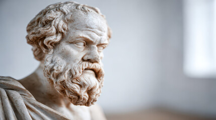 Obraz premium Close up of stoic ancient marble statue with detailed beard and curly hair in soft light