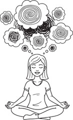 illustration of a woman meditating in a lotus position, with swirling and chaotic thought bubbles above her head