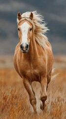 Obraz premium Golden horse gallops through a field under a cloudy sky in the late afternoon, showcasing its beauty and grace