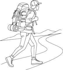 Fototapeta premium vector line art illustration showcasing a person engaged in hiking with a sizable backpack.