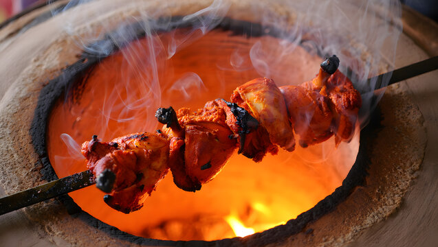 Delicious tandoori chicken skewers roasting in a traditional tandoor oven with smoke