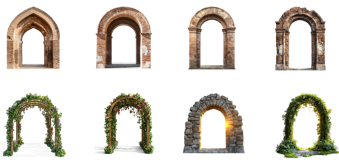 Collection of tall brick archway, partially weathered, leading into an ancient courtyard with soft light illuminating the structure. isolate on transparent background