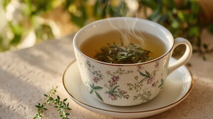 Aromatic Herbal Tea in a Floral Teacup Steaming Hot Drink Relaxation Wellness