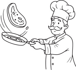 An outline illustration depicts a friendly chef with a prominent moustache, wearing a chef's hat and uniform, in the midst of flipping.