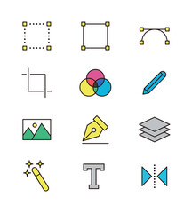 Design and graphic tools icon set with simple and minimal lines. Layer, crop, draw, photo, text, pen, area, drawing icons.