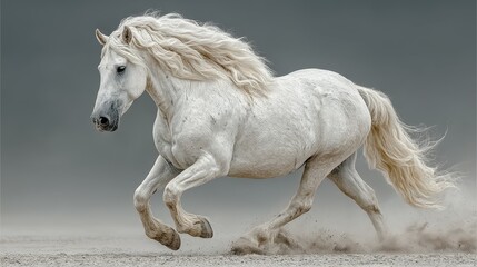White horse running freely across a sandy landscape with a dramatic gray backdrop during late afternoon light
