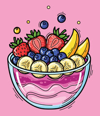 A vibrant vector illustration of a pink smoothie bowl topped with strawberries, blueberries, and banana slices, with some fruit pieces appearing to fall into the bowl.