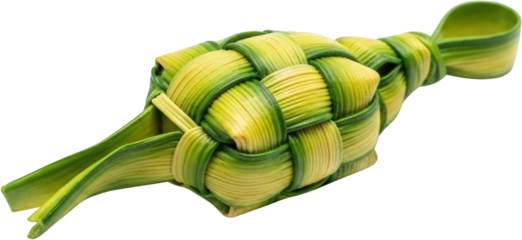 Intricate woven green and yellow leaf ketupat isolated Texture Craft Transparent background