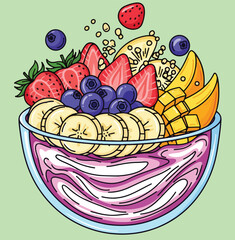 A vibrant and colorful vector illustration of a smoothie bowl topped with a variety of fresh fruits including strawberries, blueberries, banana slices, and mango chunks