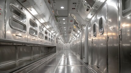 Fototapeta premium Modern Airplane Cargo Hold Interior Stainless Steel Walls and Compartments Empty spacious freight area
