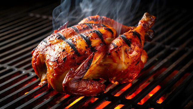 Close up shot of a whole roasted chicken grilled over hot coals and smoking