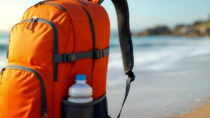 Orange backpack on a sun-drenched beach, ready for summer adventures and exploration