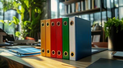 office folders in different color are placed on the table 
