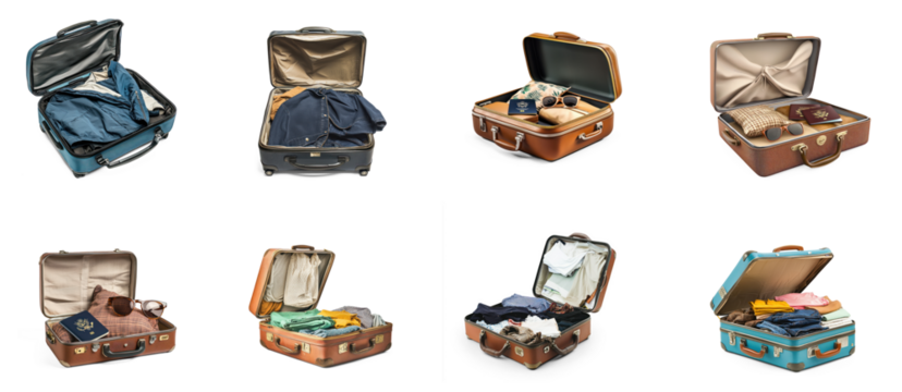 Collection of suitcase on the at the airport, with a jacket draped over the edge and a partially closed zipper. isolate on transparent background
