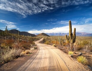 Scenic Desert Dirt Road Leading Through a Cactus-Filled Landscape Under a Dramatic Blue Sky with Wispy Clouds, Evoking a Sense of Adventure and Exploration