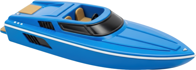 Blue speedboat model with beige seats isolated on toy transparent background