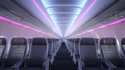 Fototapeta premium Empty Airplane Cabin Interior with Modern Seats and Purple LED Lighting A View of Rows of Airplane Seats