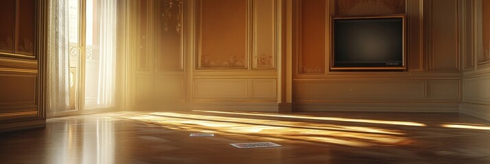 Sunlight streams into a room with panelled walls and a reflective floor.