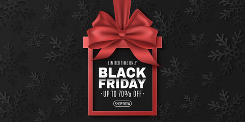 Elegant red label gift box for Black Friday sale adorned brilliant ribbon and scattered snowflakes on a dark background. Banner for holiday sales, retail marketing, and festive shopping. Vector.