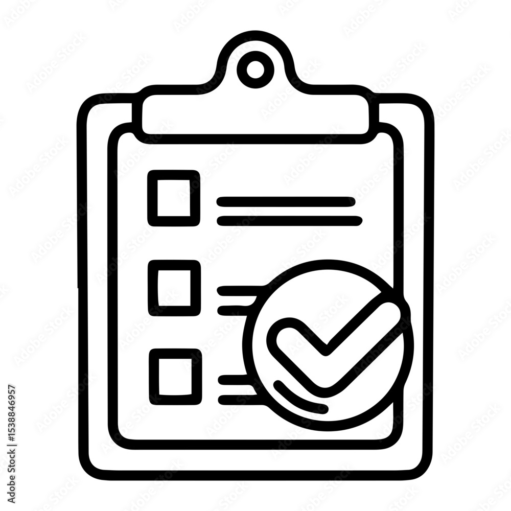 Aufkleber outline style image depicts a clipboard with a document showing three empty square checkboxes, accom