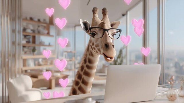 Giraffe beim Online-Dating mit Herzsymbolen in modernem Penthouse. K&uuml;nstliche Intelligenz KI