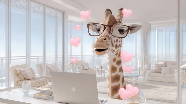 Giraffe beim Online-Dating mit Herzsymbolen in modernem Penthouse. K&uuml;nstliche Intelligenz KI