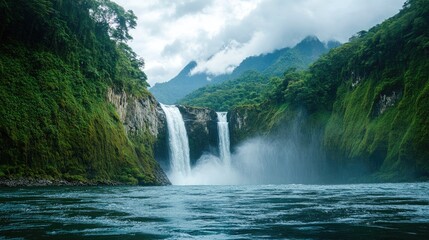 Fototapeta premium Majestic Waterfall Cascading Into Clear Blue Lake Surrounded By Lush Green Forest Under Overcast Sky