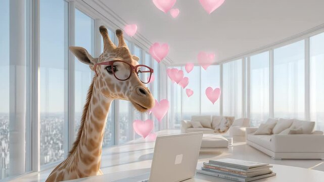 Giraffe beim Online-Dating mit Herzsymbolen in modernem Penthouse. K&uuml;nstliche Intelligenz KI