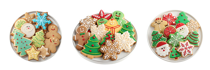 Set For Three plates of decorated christmas cookies isolated on transparent background