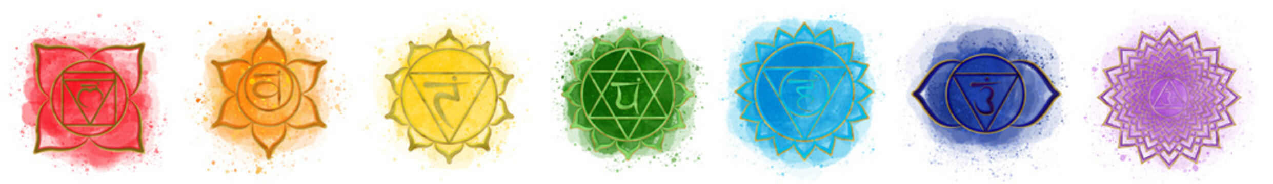 A set of seven colorful chakra symbols on watercolor background. Root, sacral, solar plexus, heart, throat, third eye and crown chakras. Hand-drawn illustration for postcards, posters, covers, textile