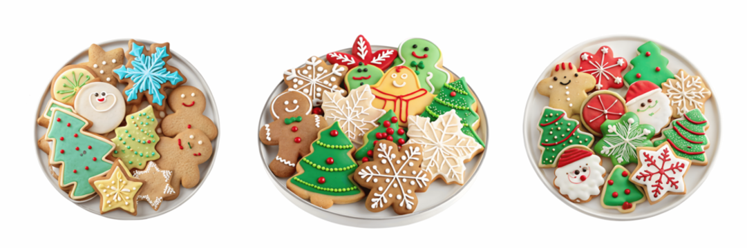 Set For Three plates of decorated christmas cookies isolated on transparent background - Powered by Adobe