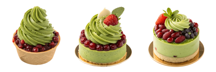 Set For Three matcha desserts with berries isolated on transparent background