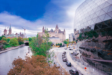 view of historic downtown Ottawa, Canada from bridge