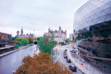 view of historic downtown Ottawa, Canada from bridge