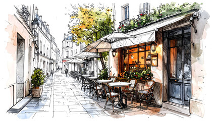 Charming Parisian Street Scene Watercolor Cafe Illustration