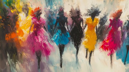 Five figures in colorful dresses stand against a vibrant abstract background.