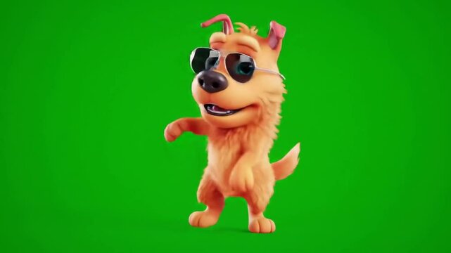 3D cartoon dog wearing sunglasses and dancing to music, funny animation, green screen background